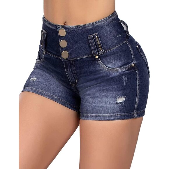 Women’s High Waist Denim Shorts Ripped Raw Hem Pockets Casual Fit